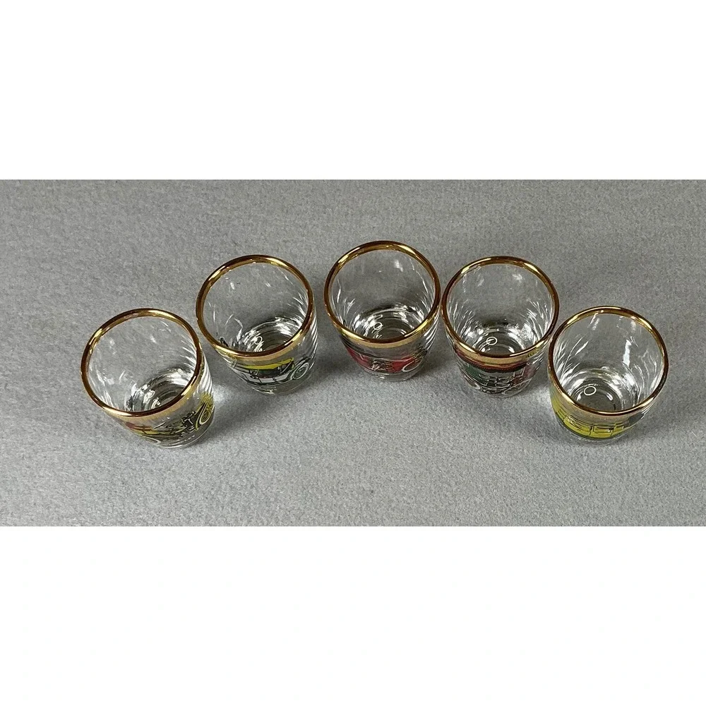 Vintage Car Shot Glass Set Gold Rim Barware 5pc Retro Auto Design‎